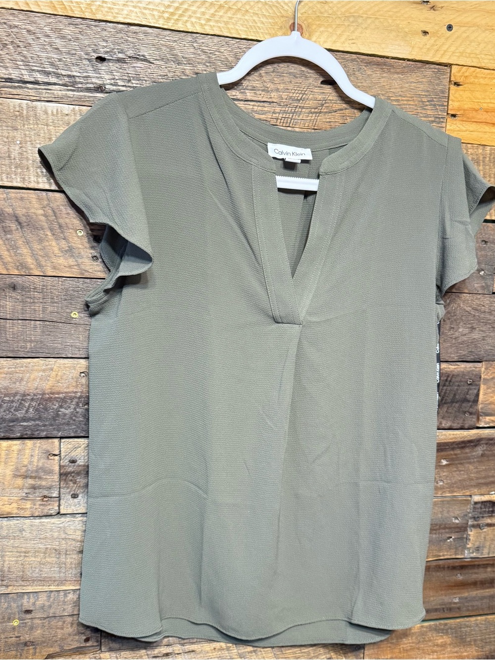 Calvin Klein Womens Medium Green V Neck Flutter Sleeve Top Blouse